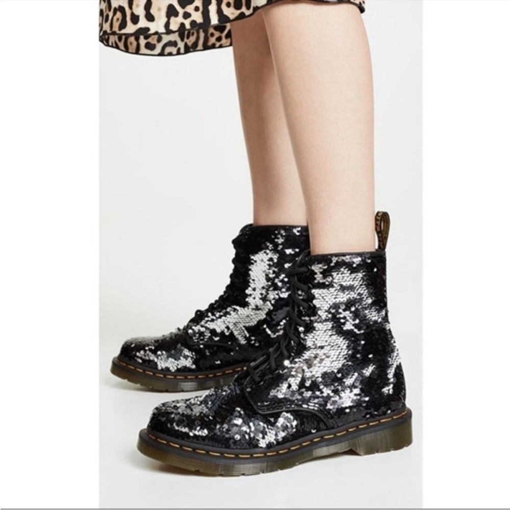 Dr. Martens Black and Silver Sequin Combat Boots